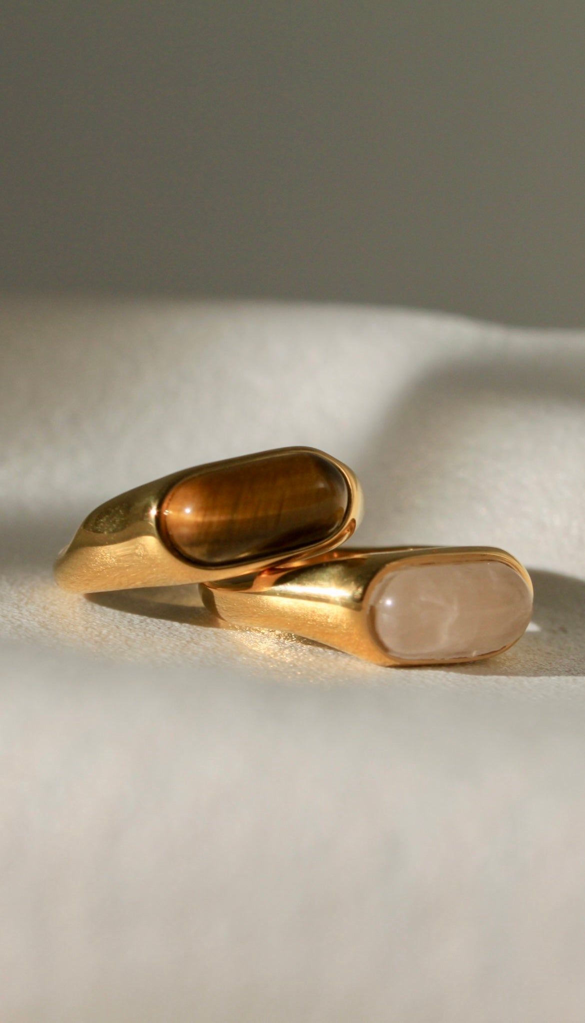 Gold Plated Natural Stone Rose Quartz Ring, Tiger’s Eye Ring