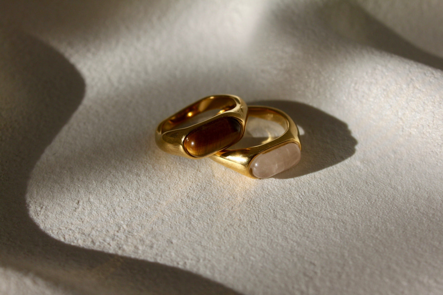 18K Gold Plated Natural Stone Rose Quartz Ring, Tiger’s Eye Ring