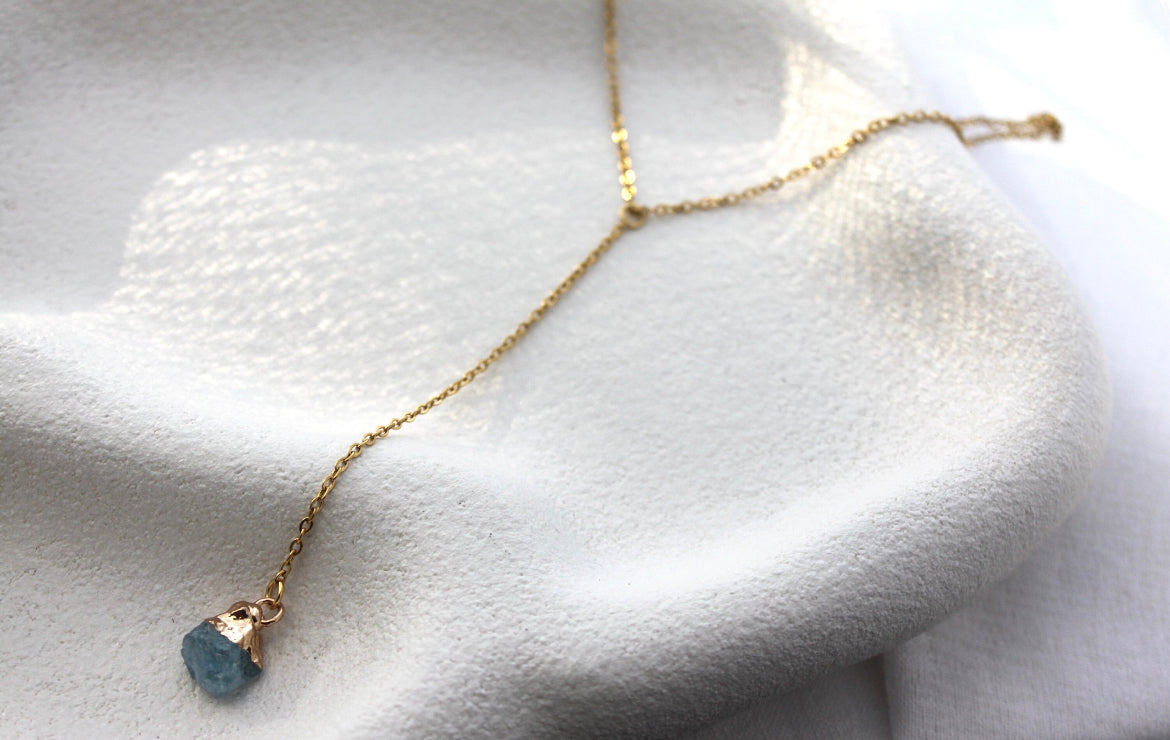 18K Gold Plated Aquamarine Necklace: Y Lariat